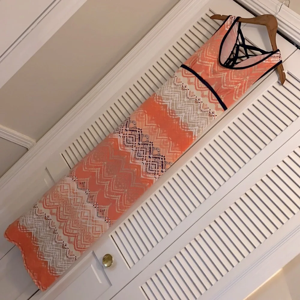 Emerald Sundae | Aztec Geo Print Lace-Up Back Boho Maxi Dress Coral/Navy Blue S - Picture 10 of 10